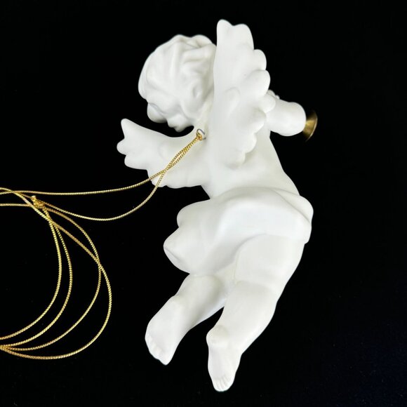 Vintage Porcelain Cherub Angel Hanging Figurine Gold Cord Brass Trumpet Ornament - Picture 8 of 16